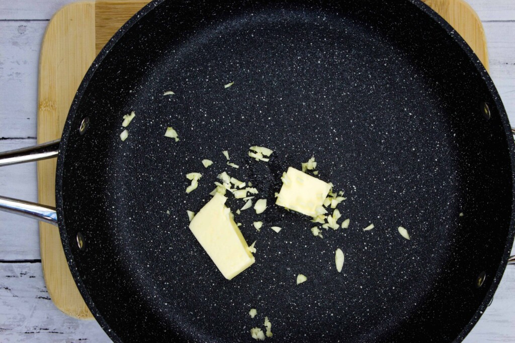 melted butter and sauteed garlic in a skillet to make creamy spinach orzo