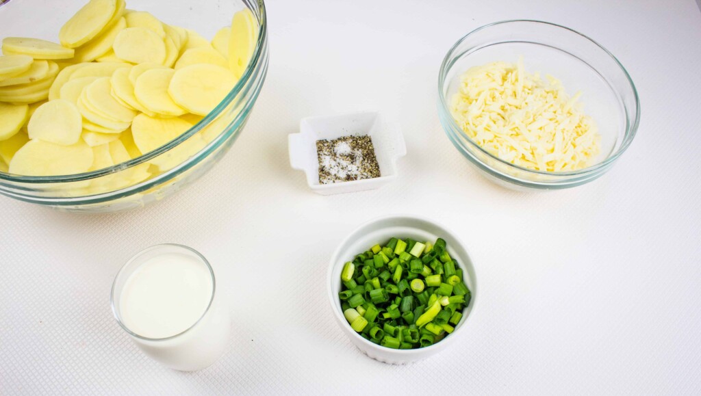 prepped ingredients to make au gratin potatoes gruyere