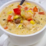 Shrimp and corn chowder with chipotle in a soup bowl