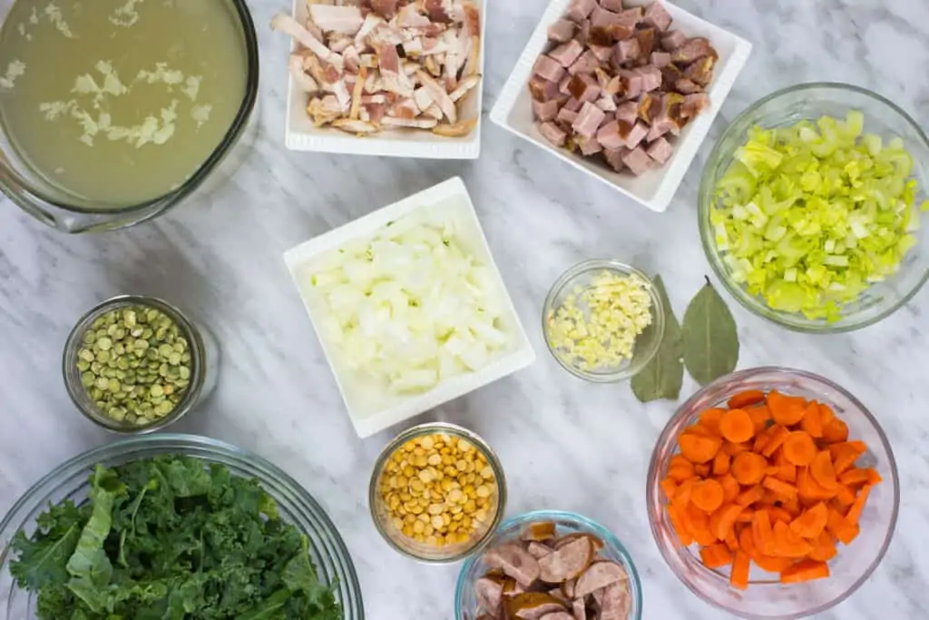 Ingredients to make Split Pea, Ham & Sausage Soup