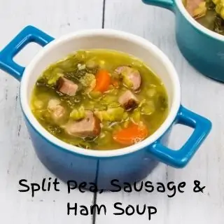 Split Pea Soup with Ham & Sausage in a small blue bowl with a second in the background