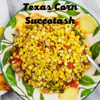 texas corn succotash in a green and yellow serving bowl