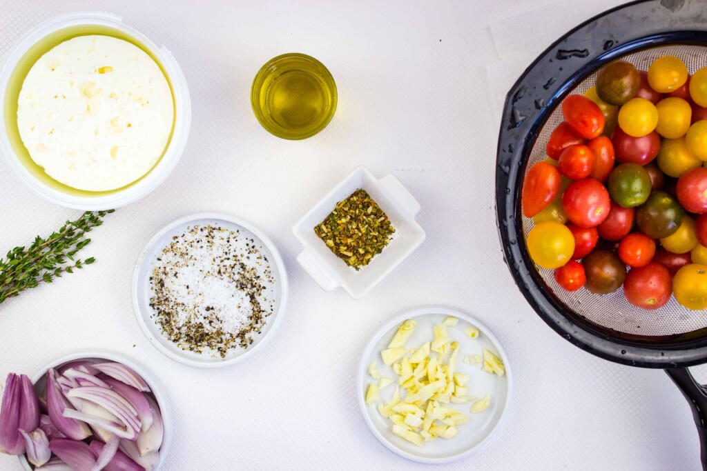 prepped ingredients to make baked feta pasta