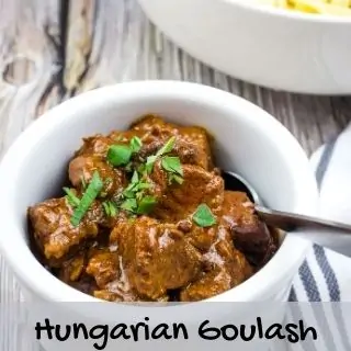 Hungarian Goulash in a white serving bowl