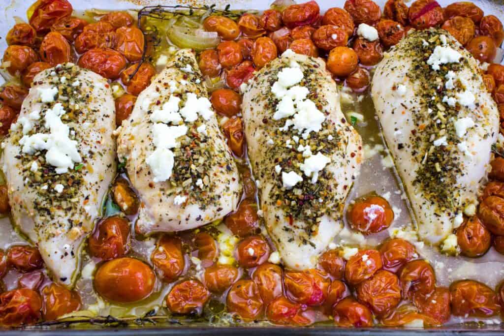 Topped with feta and baked in the oven.