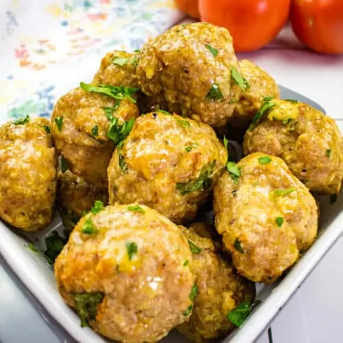 air fryer turkey meatballs in a square serving dish