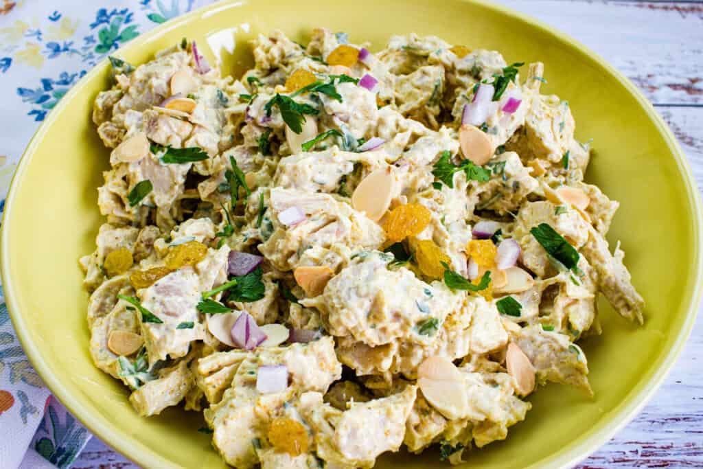 Closeup of curry chicken salad with raisins.