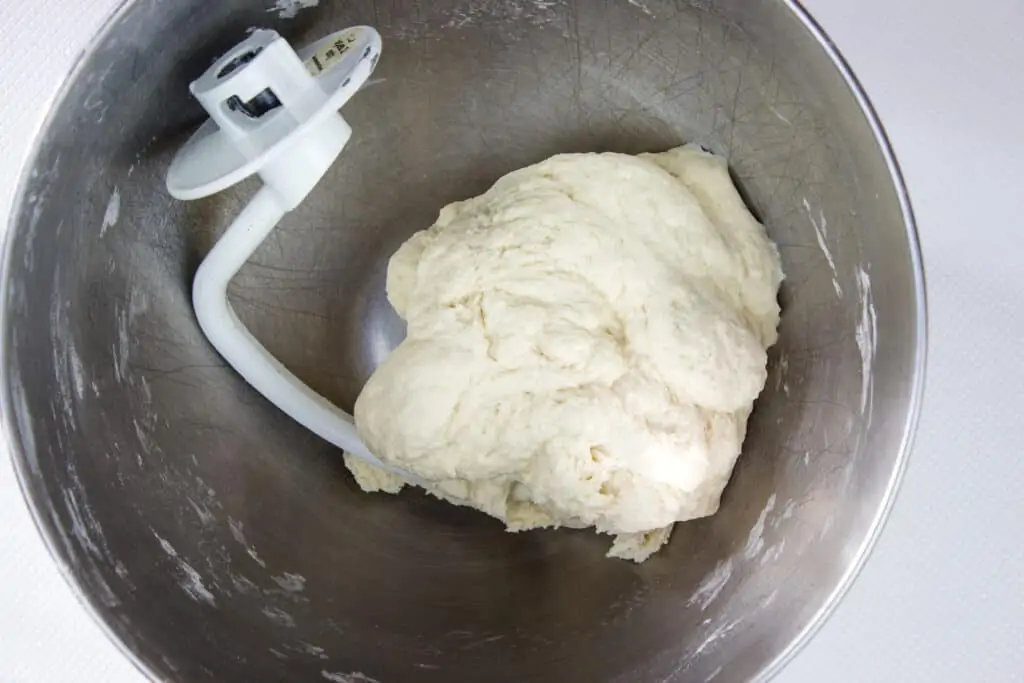 Mixing the easy pizza dough with the dough hook.
