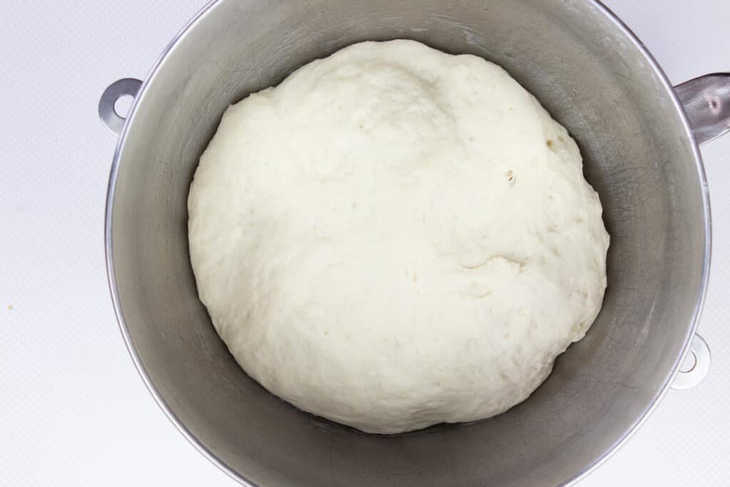 risen pizza dough in a bowl