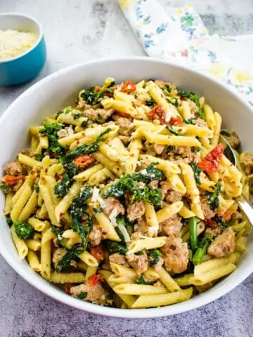 sausage & broccoli rabe pasta in a serving bowl