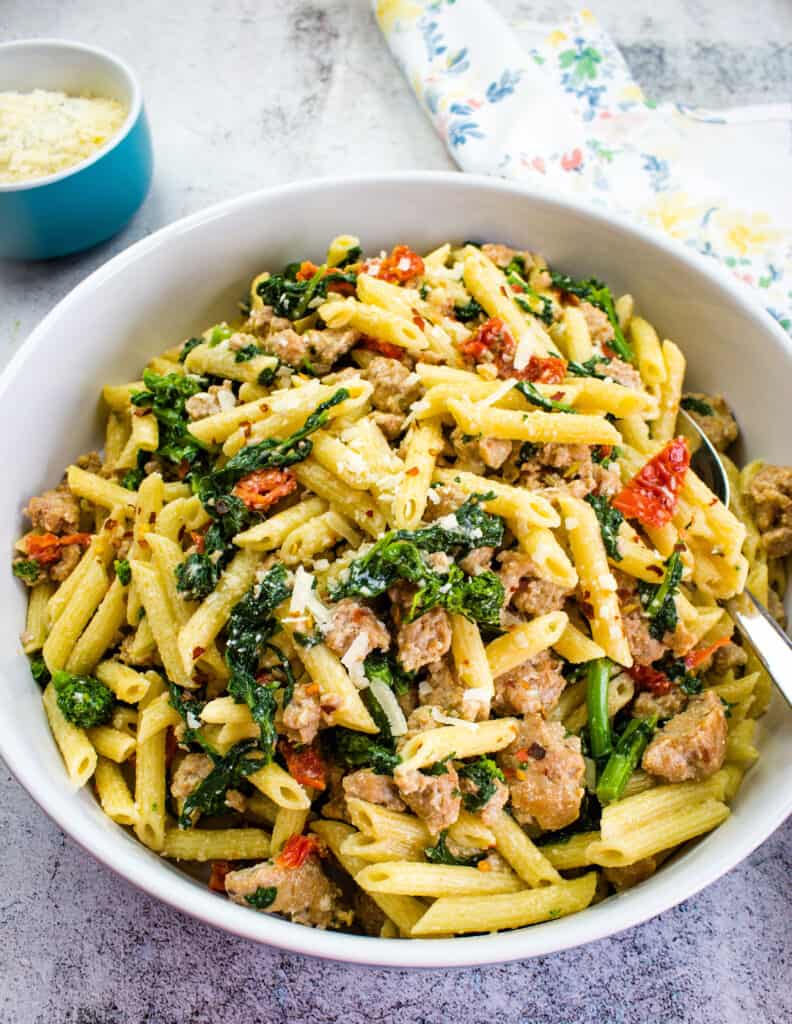 sausage & broccoli rabe pasta in a serving bowl