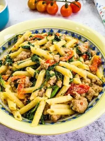 Broccoli Rabe with Sausage Pasta in a serving bowl