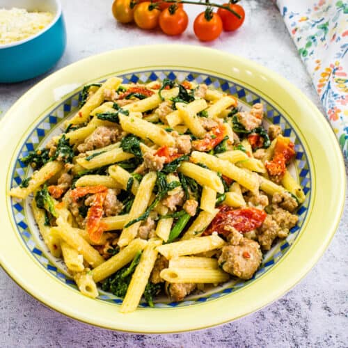 Broccoli Rabe with Sausage Pasta in a serving bowl