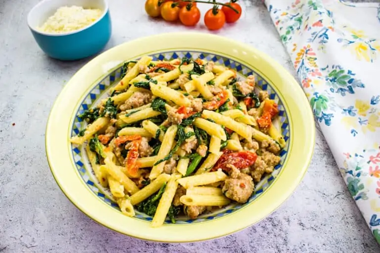 Broccoli Rabe with Sausage Pasta in a serving bowl