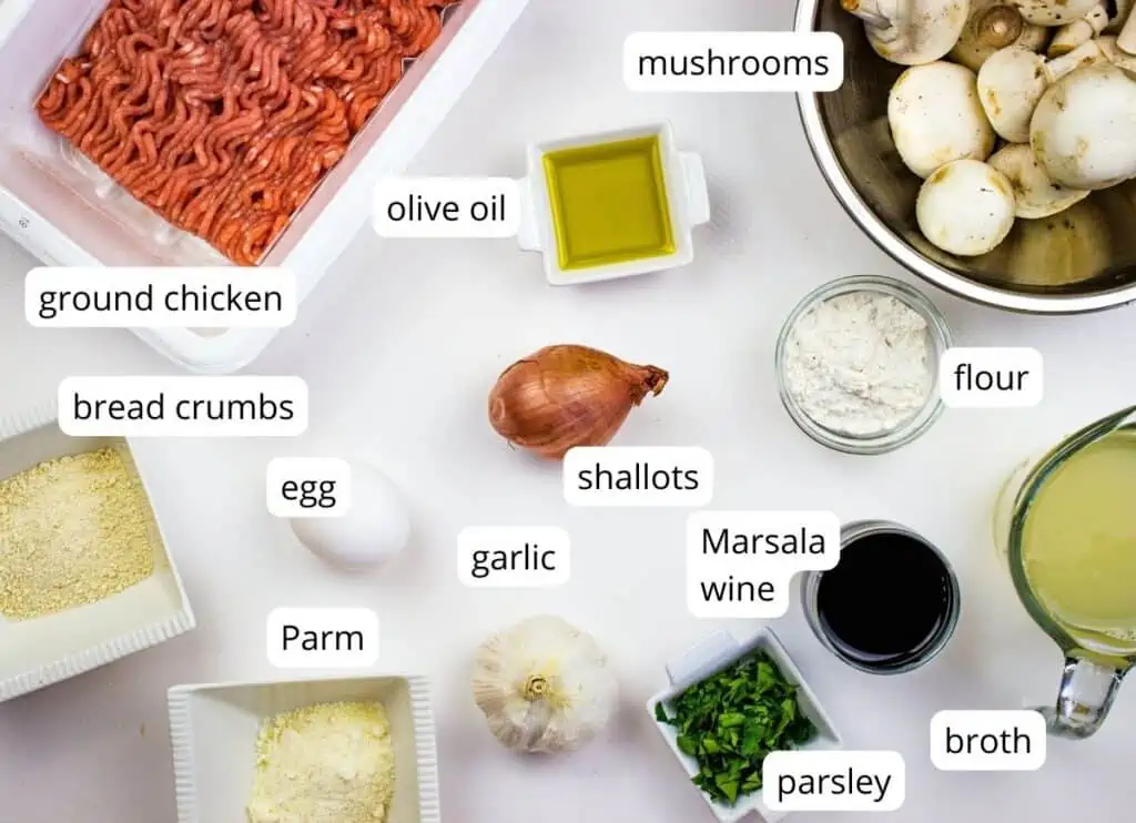 Labeled ingredients to make Chicken Marsala meatballs.