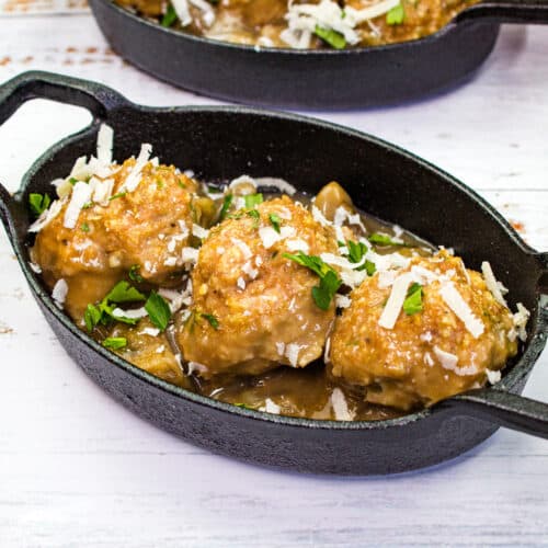Chicken marsala meatballs in a small serving dish.
