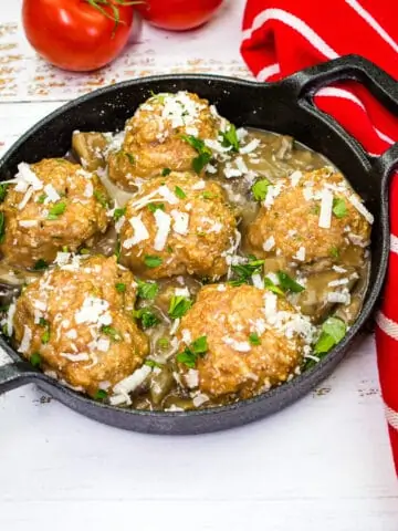 chicken marsala meatballs in a small round serving dish