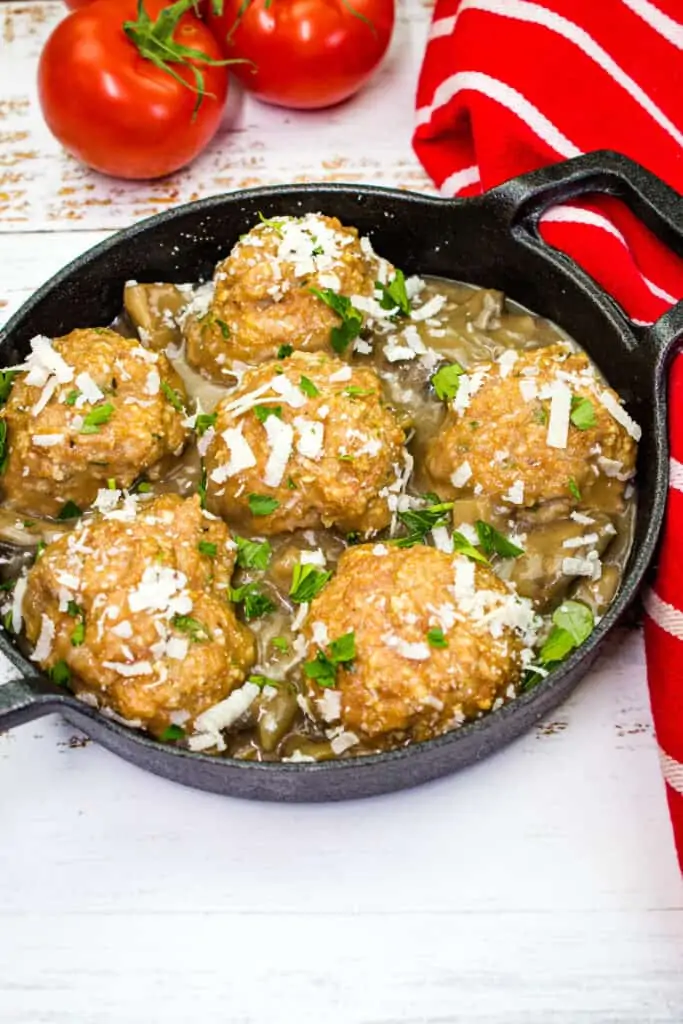 chicken marsala meatballs in a small round serving dish