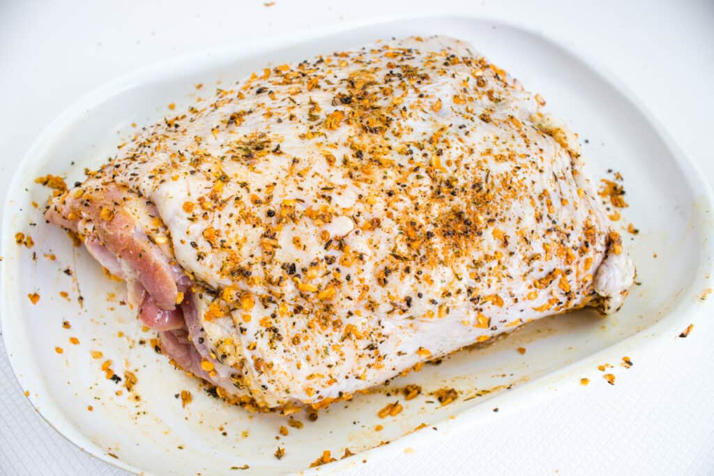 Season liberally with rub.