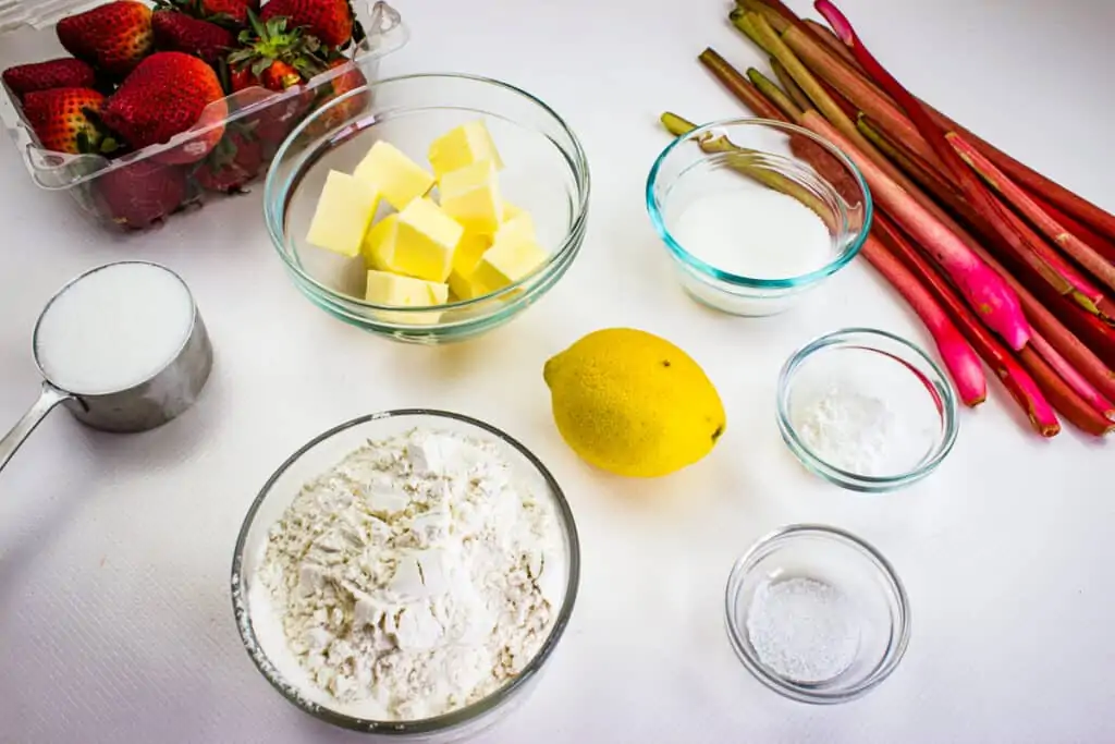 ingredients to make rhubarb and strawberry crumble