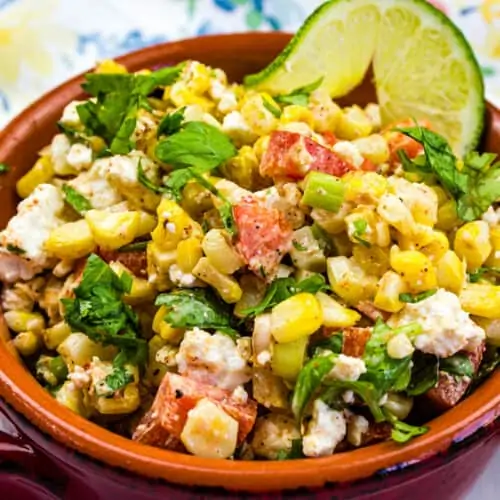 mexican street corn salad in a rustic bowl