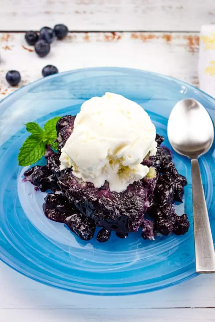 blueberry grunt on a plate with ice cream