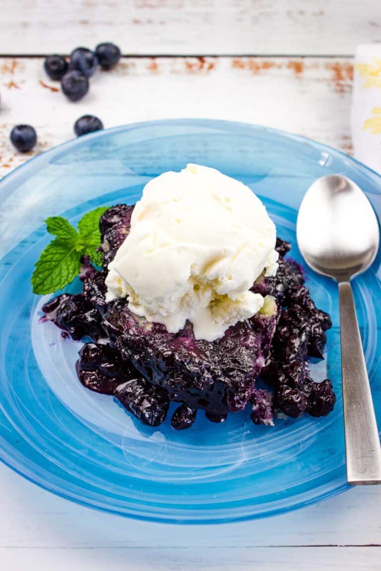 Blueberry grunt on a plate with ice cream.