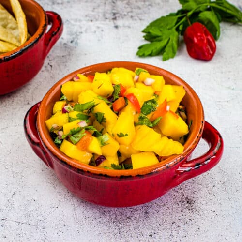 A red bowl filled with vibrant mango habanero salsa, featuring diced mango, red onion, tomato, and cilantro, sits on a gray surface beside tortilla chips and fresh cilantro.