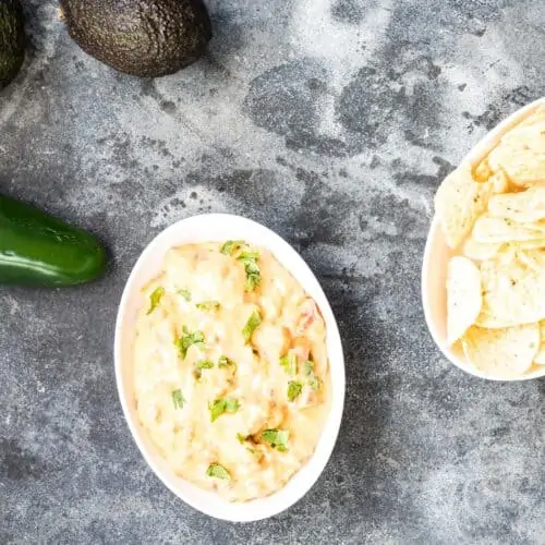 smoked queso in a small white dish