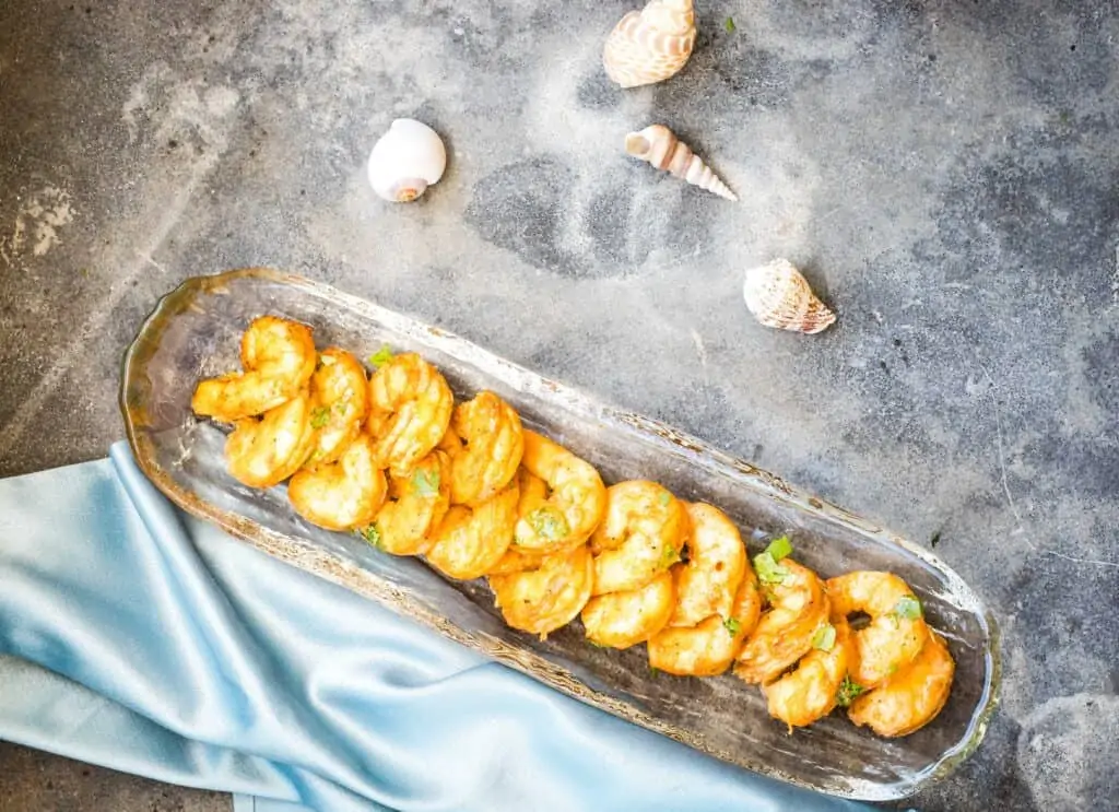 traeger smoked shrimp in a glass dish