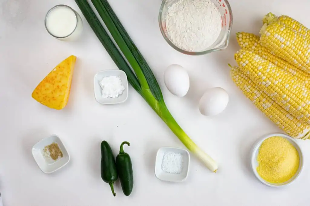 ingredients to make corn fritters with jalapeno and appelwood smoked cheddar