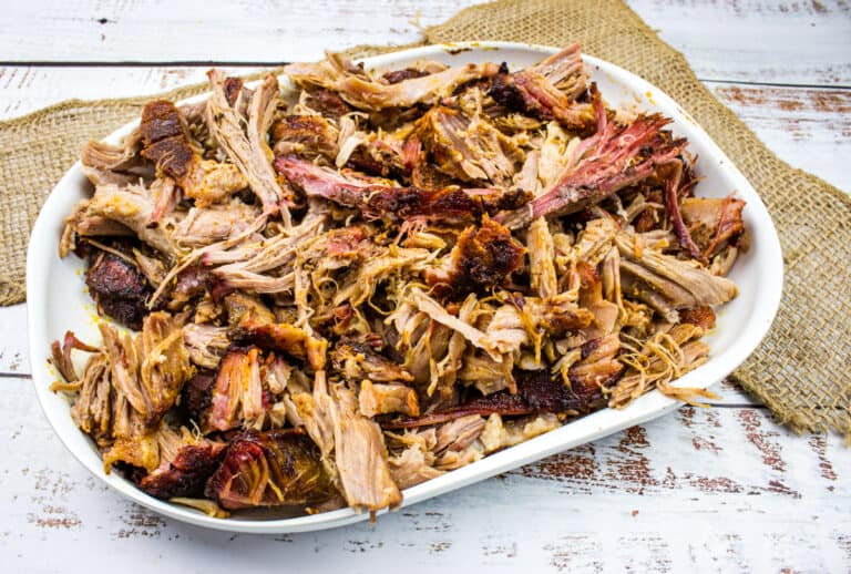 Smoked pulled pork on a plate.