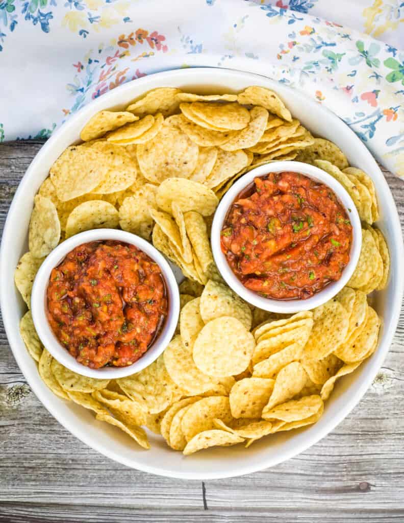 smoked salsa in a serving dish with tortilla chips