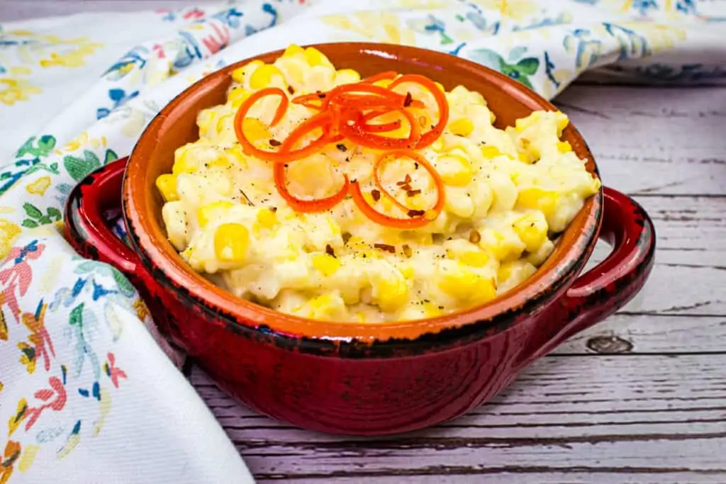 creamed corn in rustic serving dish