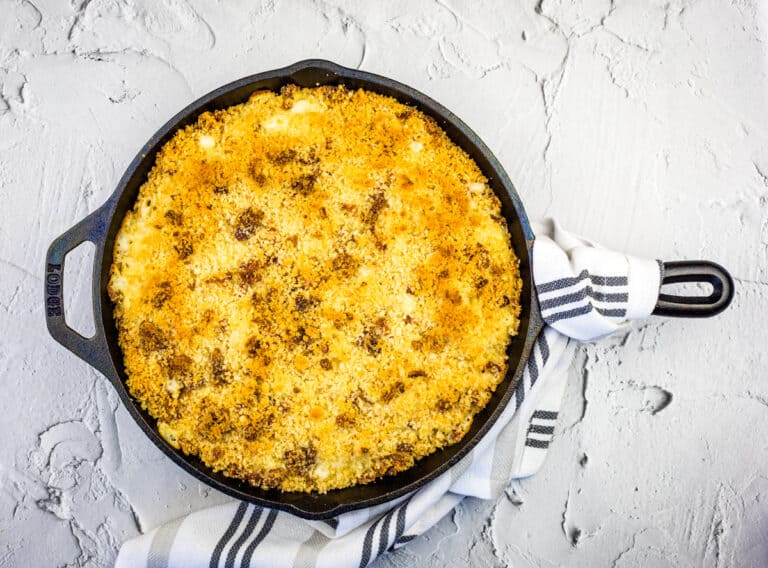 One large pan of smoked mac and cheese with bacon-crumb topping.
