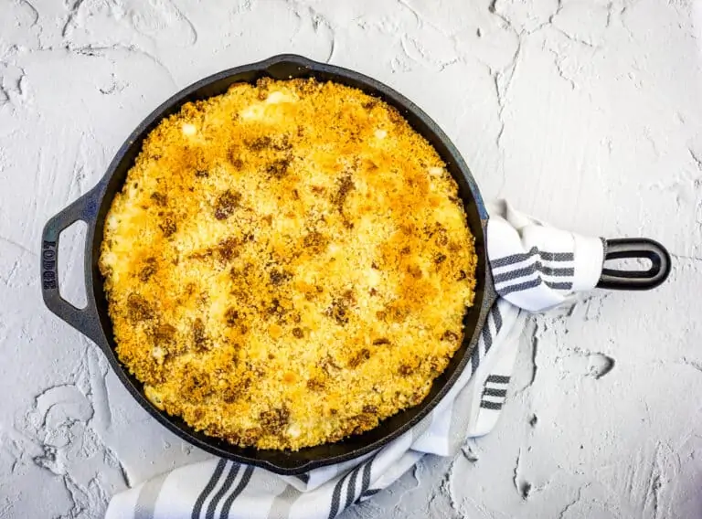 One large pan of smoked mac and cheese with bacon-crumb topping.