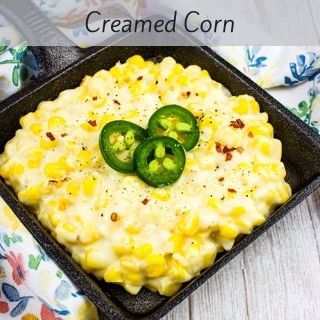 creamed corn in a square pan