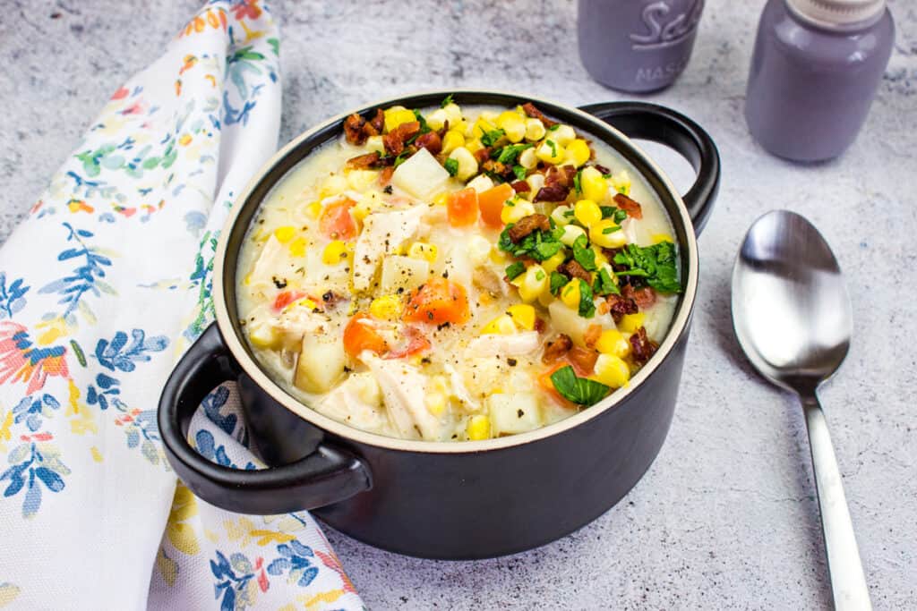 add cream, milk, and thicken. serve and enjoy chicken corn chowder!