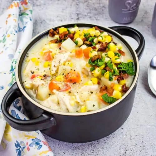 add cream, milk, and thicken. serve and enjoy chicken corn chowder!
