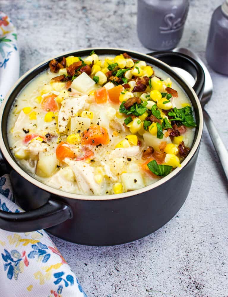 chicken and corn chowder in a bowl