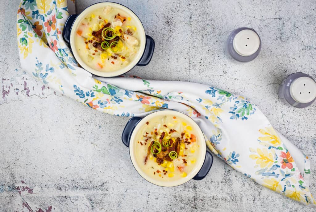 bowls of chicken corn chowder