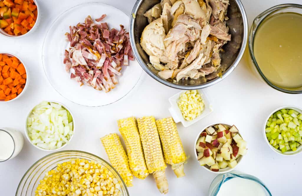 prepped ingredients to make chicken corn chowder
