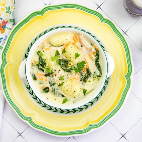 Creamy chicken gnocchi soup in a bowl.