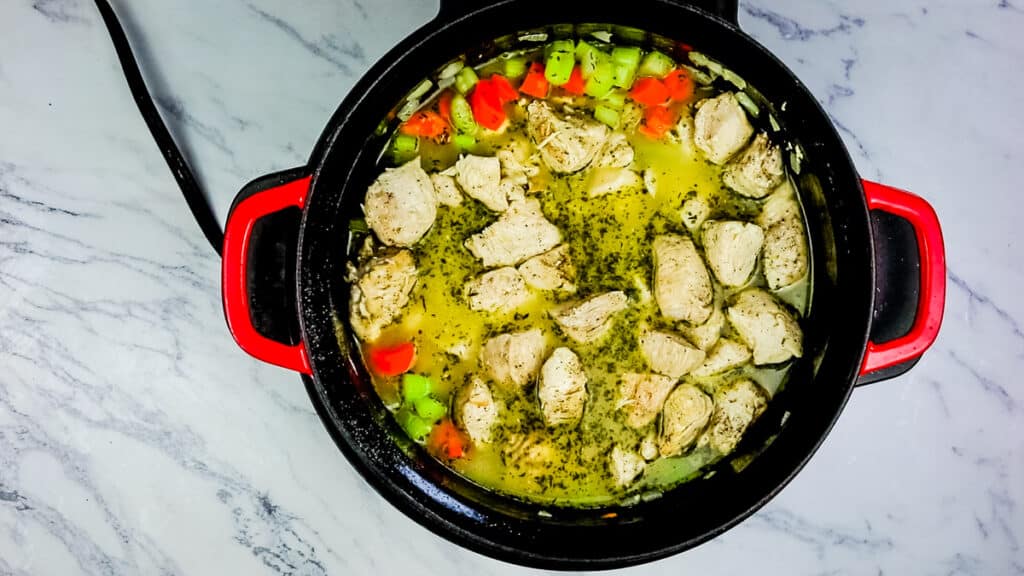 chicken, broth, and veggies in the instant precision dutch oven