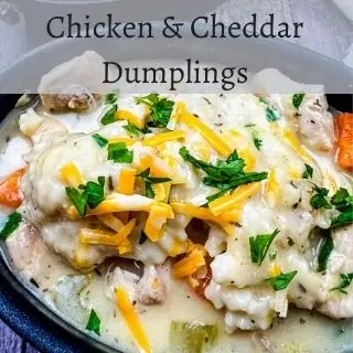 chicken and cheddar dumplings in a serving dish
