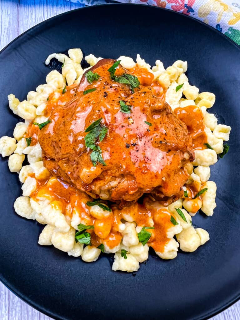 chicken paprikash instant pot style served on a bed of spaetzle