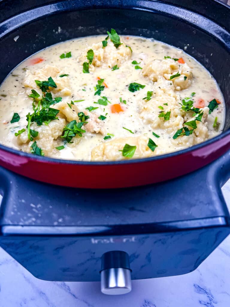 chicken and cheddar dumplings in an instant pot dutch oven