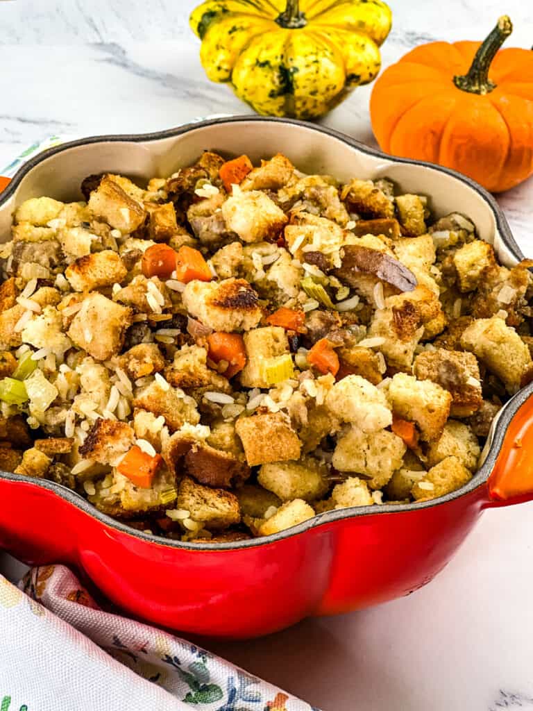 sausage stuffing in a serving bowl