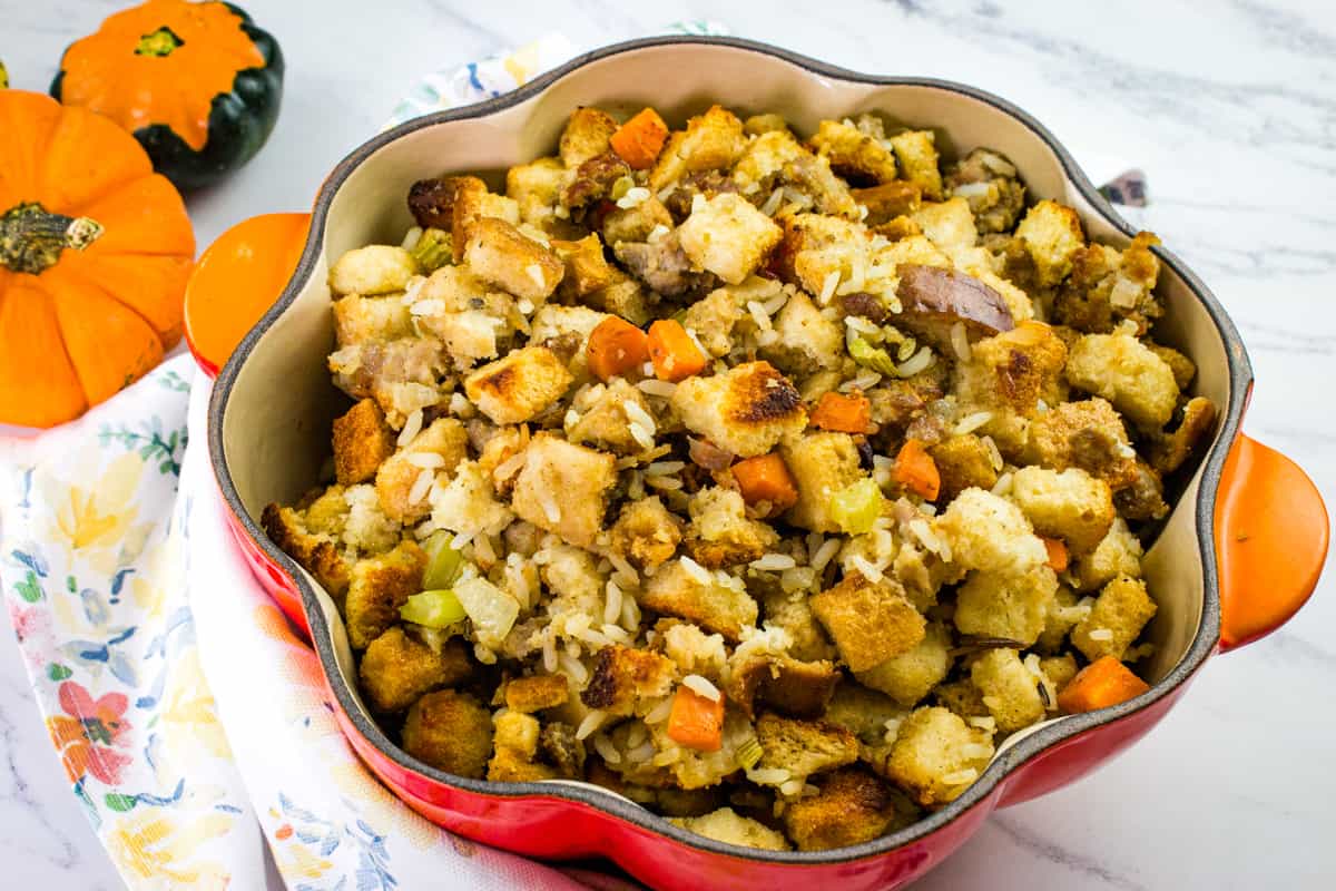 Sausage stuffing in a red pot.