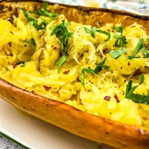 smoked spaghetti squash on a platter